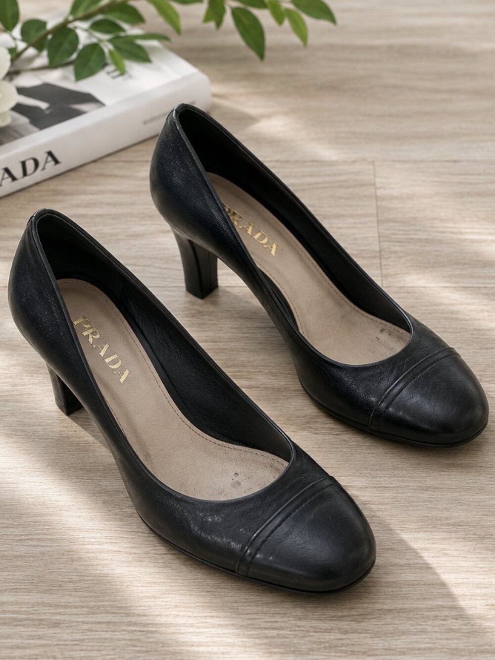 Prada Black Leather Cap Toe Pumps Size 38 Made in Italy Classic Heels